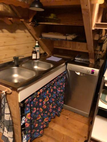 a kitchen with a sink and a dishwasher at Domek Jakusówka Laliki Pochodzita w sercu Beskidów in Laliki