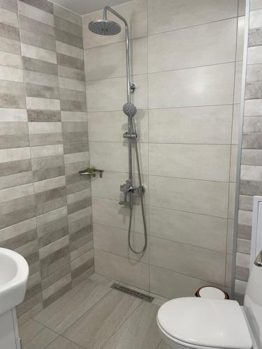 a bathroom with a shower with a toilet and a sink at Apartment Studio Shevitsa 2 in Veliko Tŭrnovo