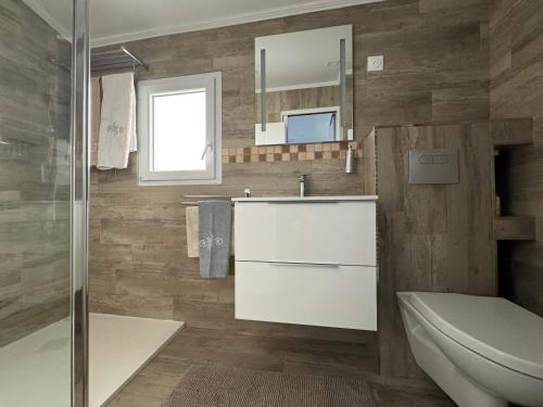 ein Badezimmer mit einem Waschbecken, einem WC und einem Spiegel in der Unterkunft Charmante maison avec terrasse in Auterive