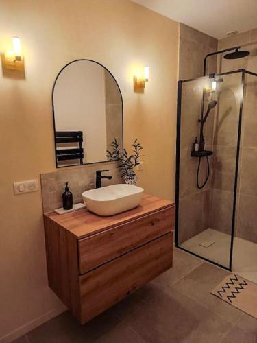 une salle de bain avec un lavabo et une douche dans l'établissement Grand T3 dans le centre historique, à Agen