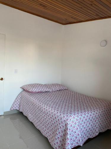 1 dormitorio con 1 cama con colcha rosa en Paraíso House, en Ibagué