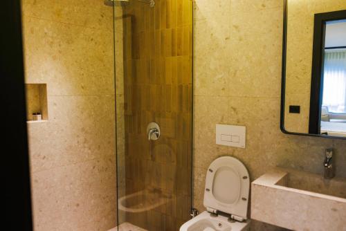 a bathroom with a toilet and a glass shower at 1863 Boutique Hotel in Peje