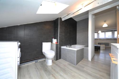 Gîte spacieux propre proche Gérardmer في Granges-sur-Vologne: حمام مع مرحاض ومغسلة وحوض استحمام