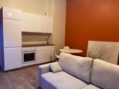 sala de estar con sofá y cocina en Appartement le cocon de terre, en Ambérieu-en-Bugey