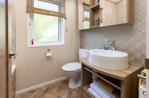 ein Bad mit einem Waschbecken, einem WC und einem Fenster in der Unterkunft Loubet Extra Large Lodge in Auchterarder
