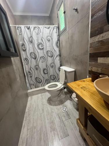 a bathroom with a toilet and a shower curtain at CABAÑAS MECHI in Mar del Plata