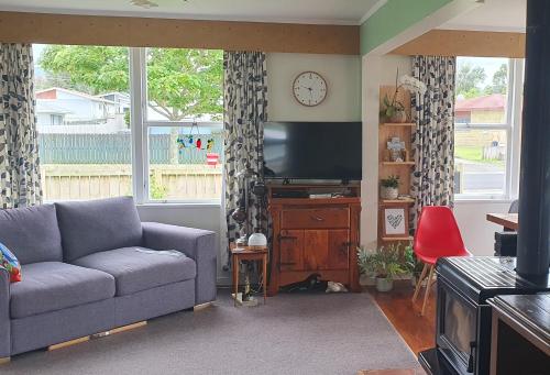 a living room with a couch and a tv at Sunny Room on Thomas in Waihi