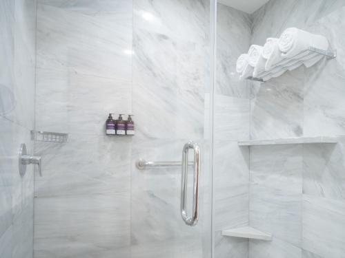 uma casa de banho com um chuveiro e uma porta de vidro em HS HOTSSON Hotel Queretaro em Querétaro
