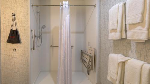 a bathroom with a shower with a glass shower curtain at Holiday Inn Express & Suites Tulsa Midtown, an IHG Hotel in Tulsa
