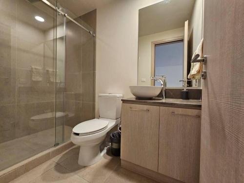 een badkamer met een toilet, een wastafel en een douche bij Cómodo Departamento in Mexico-Stad