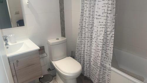 Un baño con inodoro y cortina de ducha. en Arriendo departamento en Pucón, en Pucón