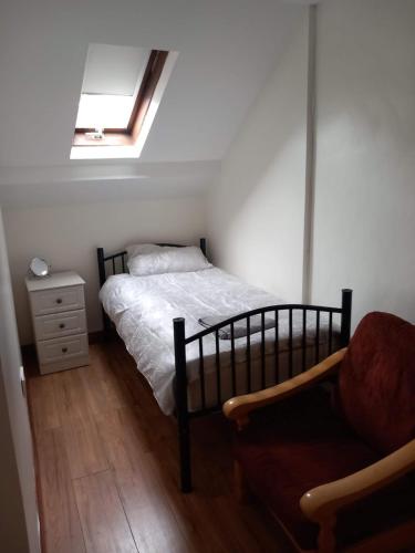特里姆的住宿－33 Steepleview，一间卧室配有一张床、一把椅子和天窗