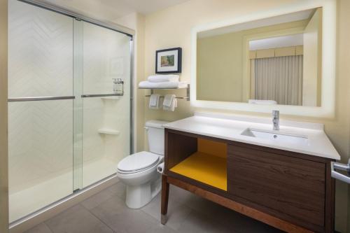 een badkamer met een toilet, een wastafel en een douche bij The Scenic Hotel at Biltmore Village in Asheville