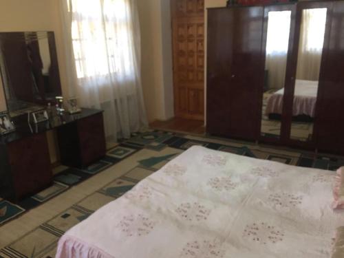 a bedroom with a bed and a large mirror at Buynuz Village in İsmayıllı