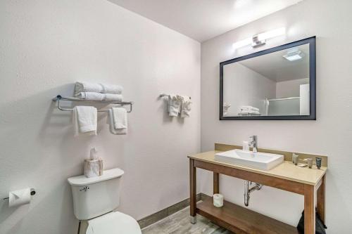 a bathroom with a toilet and a sink and a mirror at Riverview Inn & Suites, Ascend Hotel Collection in Rockford