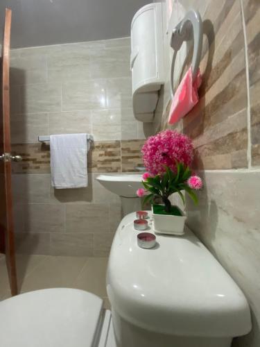 a bathroom with a toilet and a sink with flowers on it at Seguridad y tranquilidad apartamento de 3 camas y 3 habitaciones!! in La Javilla