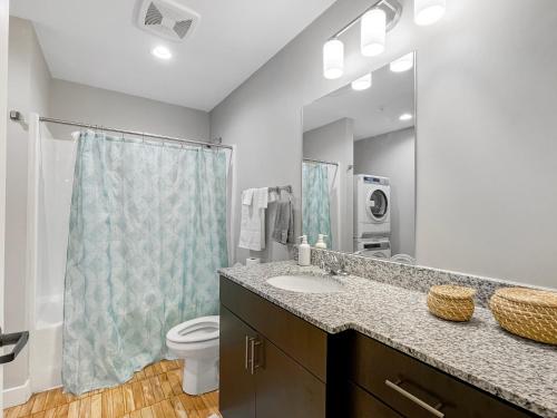 uma casa de banho com um lavatório, um WC e um chuveiro em Beautiful 2br2ba In Bldg Connected To Skywalk em Des Moines