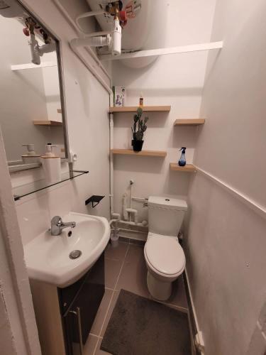 une petite salle de bain avec toilettes et lavabo dans l'établissement Charmant appartement près de Montmartre 2, à Paris