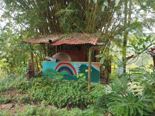 a toy bear in a bird house in a forest at hostal Sueño Paraiso- Observatorio astronómico in Popayan