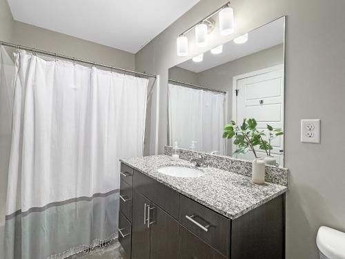 a bathroom with a sink and a mirror at Large 1 Bed Apt In The Heart Of Downtown in Des Moines