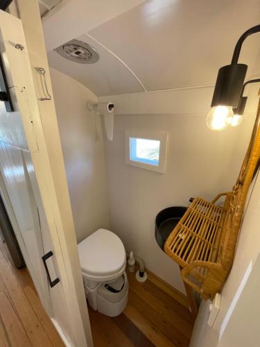 a small bathroom with a toilet and a window at BUS - Tiny home - 1980s classic with off grid elegance in Faraday