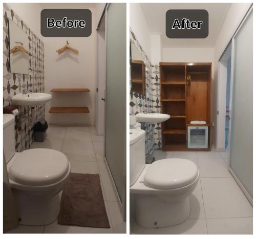 two pictures of a bathroom with a toilet and a sink at Genta House in Kuta