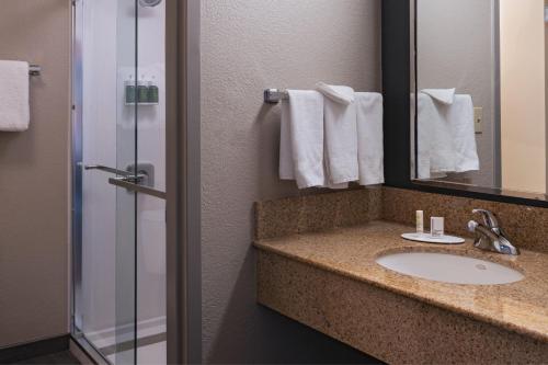 a bathroom with a sink and a shower at Courtyard by Marriott San Antonio Airport in San Antonio