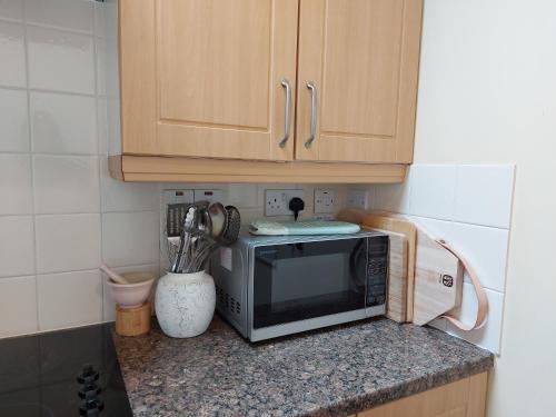 a microwave on a counter in a kitchen at Kitts Cottage, Redruth, Cosy Cornish Retreat in Redruth