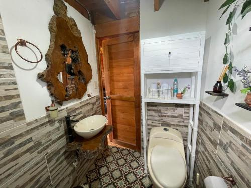 a bathroom with a toilet and a sink at Lovely two bedroom cabin on avocado farm in Marinilla