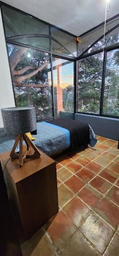 Casa lindavista في غواذالاخارا: غرفة نوم مع سرير في غرفة مع نوافذ