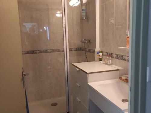 ein Badezimmer mit Dusche und Waschbecken in der Unterkunft Charmant 3 pièces au cœur de Villard-de-Lans avec Wi-Fi - FR-1-515-195 in Villard-de-Lans