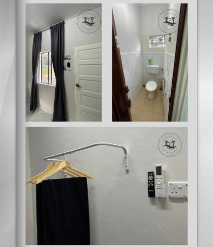 un collage de trois photos d'une salle de bains avec une porte dans l'établissement Bonjour mini house & campsite, à Bachok
