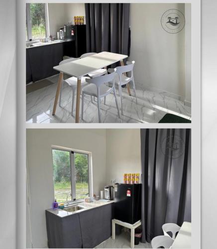 2 fotos de una habitación con mesa y sillas en Bonjour mini house & campsite, en Bachok