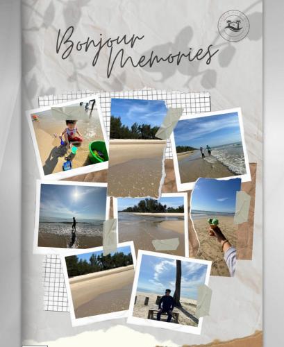 un collage de fotos de la playa con las palabras "recuerdos de verano" en Bonjour mini house & campsite, en Bachok