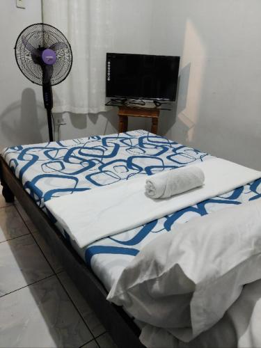 a bedroom with a bed with a fan on it at Center Parkway Pension House in Kalibo