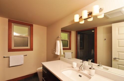 a bathroom with a sink and a mirror at Exclusive Private Island - Pacific Ocean Paradise in Madeira Park