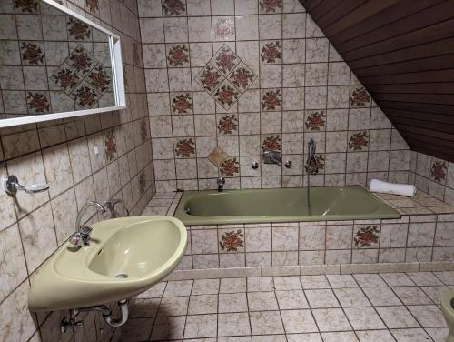 uma casa de banho com um lavatório e uma banheira em Dhh for fitters and craftsmen em Rastatt