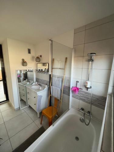 a bathroom with a bath tub and a sink at L’appartement du bonheur in Issoire