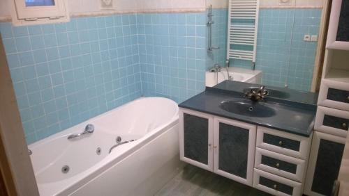 a blue bathroom with a tub and a sink at Gite Nyons in Mirabel-aux-Baronnies