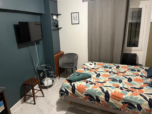 Schlafzimmer mit einem Bett und einem Flachbild-TV in der Unterkunft Charmant Studio dans maison in Sarcelles