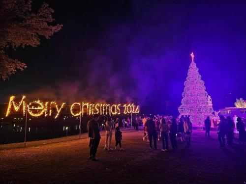 a group of people standing in front of a christmas tree at Rosee Villa - Green Villa with private Pool in Vĩnh Phúc