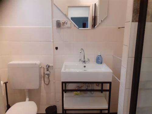 y baño con lavabo, aseo y espejo. en Ferienwohnung "Kleine Möwe", en Bremerhaven