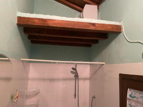 y baño con ducha y techo de madera. en Casa Erty - Isola D'Elba en Rio nellʼElba