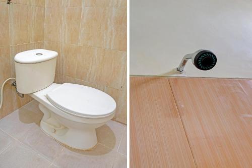 two pictures of a bathroom with a toilet and a shower at OYO 91707 Jannah Homestay Syariah in Dau