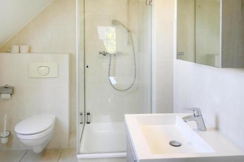 a bathroom with a shower and a toilet and a sink at Holiday Resort Van der Valk, Linstow in Linstow