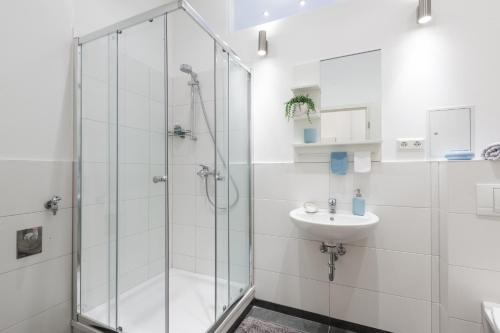 a white bathroom with a shower and a sink at Wichertstraße 47 in Berlin