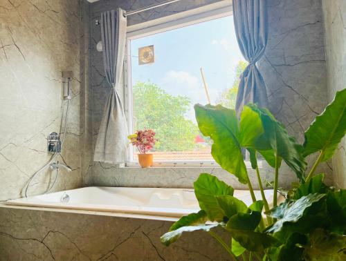 a bathroom with a tub and a window and a plant at Crystall Goa Palolem in Palolem