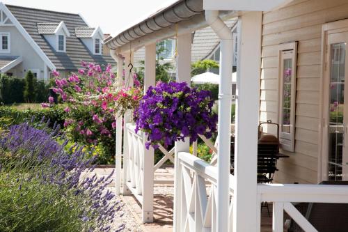 a porch with purple flowers and a white fence at Summio Duynparc De Heeren van 's-Gravensande in Vluchtenburg