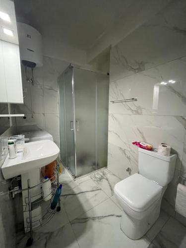 a bathroom with a shower and a toilet and a sink at SALA Apartment in Shkodër