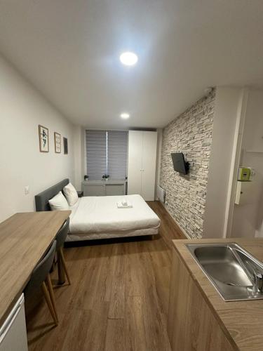 een kamer met een bed en een keuken met een wastafel bij Charming & welcoming flat next to Tost beautiful places in Paris Museum of modern art Quai Branly Museum in Parijs